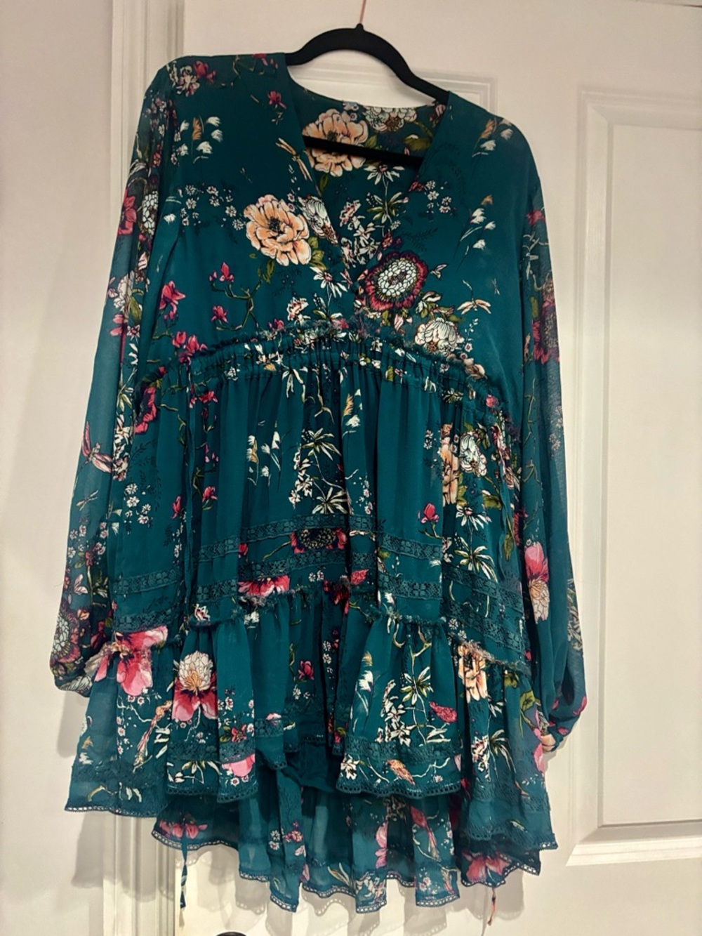 Free People Teal Floral Tiered V-Neck Dress